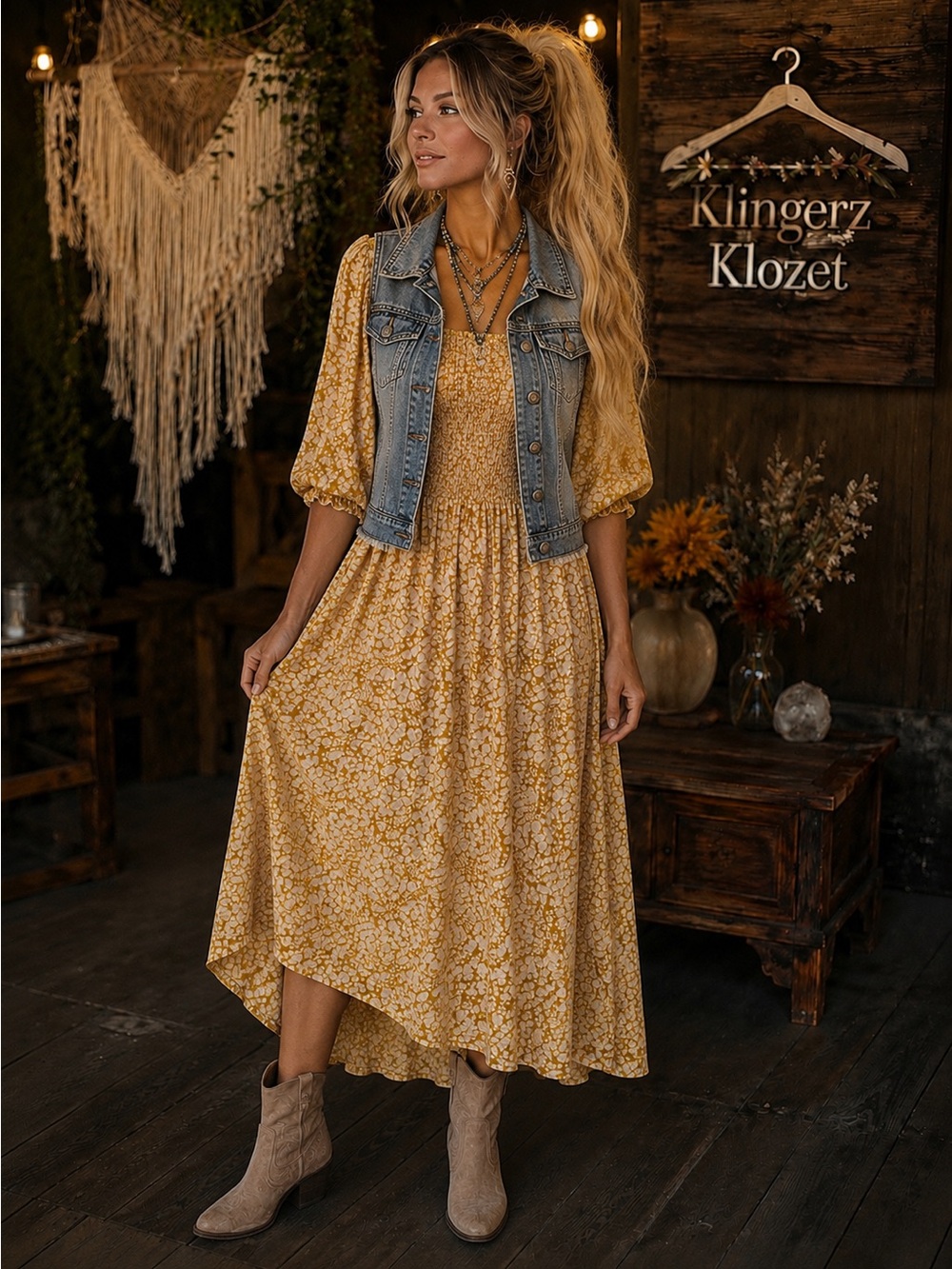 Women's Mustard Floral Smocked Midi Dress by old navy